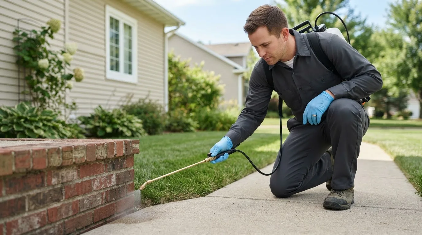 Pest control technician treating a home near Kawkawlin, MI