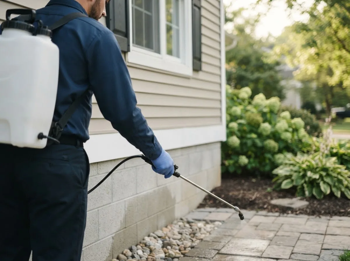Pest control technician inspecting a home in Kawkawlin, MI